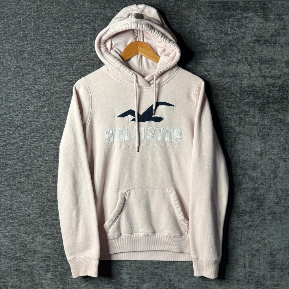 Hollister California Embroidered Logo Hoodie Light Pink Mens Medium Fleece Y2K